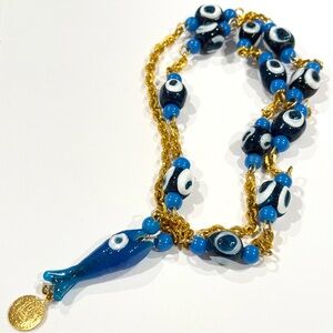 Vtg Murano Glass Evil Eye Bead Amulet 37" Necklace Talisman Fish Coin Pendant